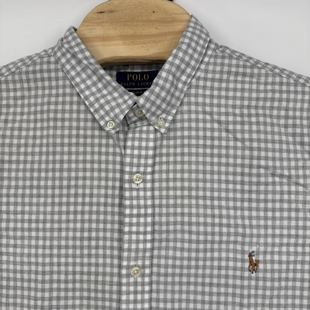 Polo Ralph Lauren Button Down Shirt Mens XXL Gray Gingham Slim Fit Long Sleeve
